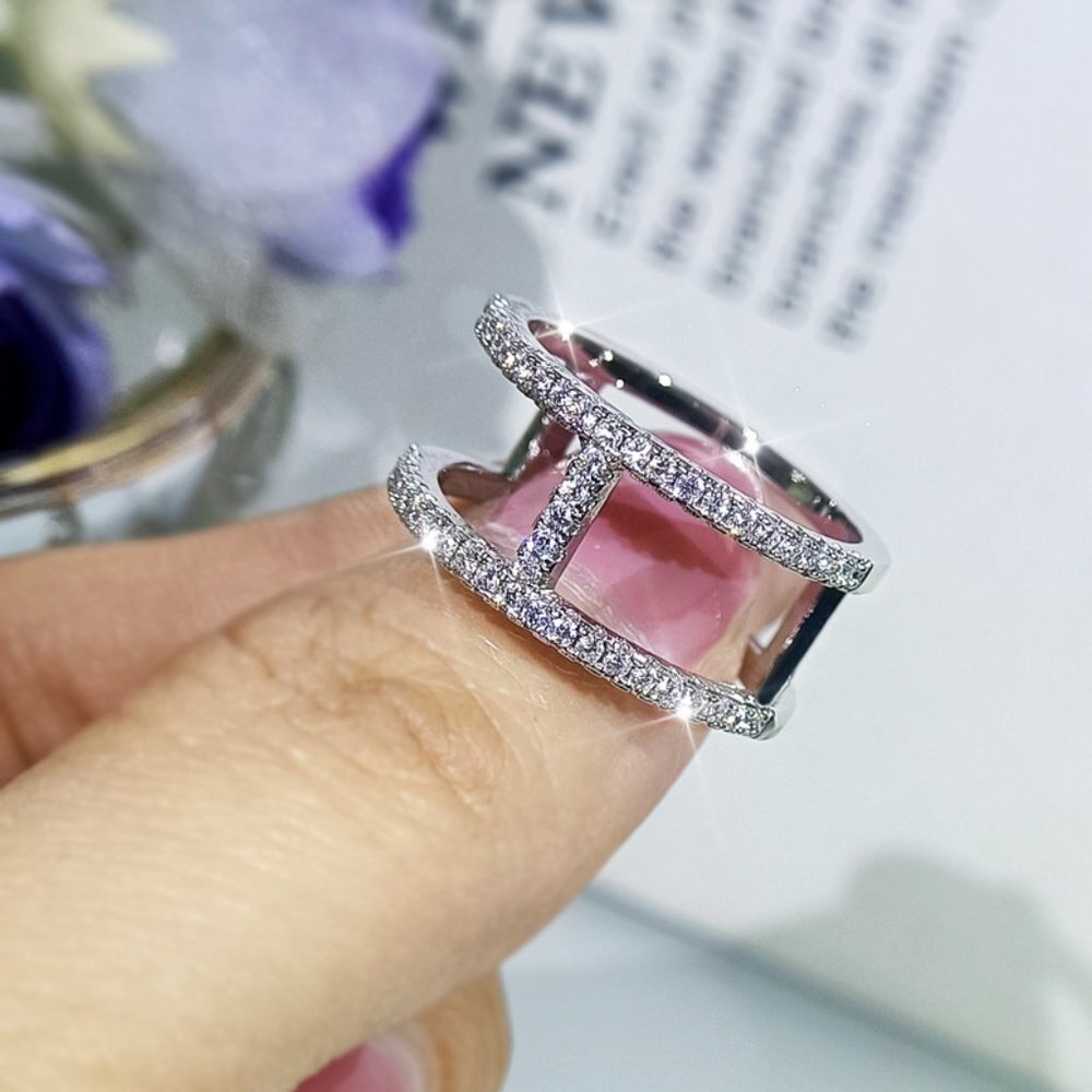 🌸Trendy CZ Glitter Micro Pave Silver Double Layer Hollow Fashion Ring,UNVN12223 - Picture 5 of 6